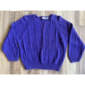 Yarnworks Sweater Womens Large Purple Ramie Cotton Textured Knit Henley Pullover